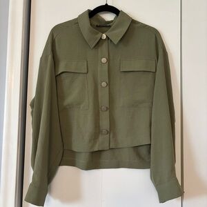 Adrianna Papell Women’s Cropped Button Up Blouse Olive Green Long Sleeve Large